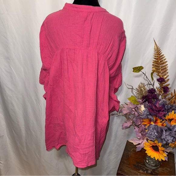BIBI Pink Crinkle Gauze Button Front Boho Top Oversized Medium - Picture 3 of 8